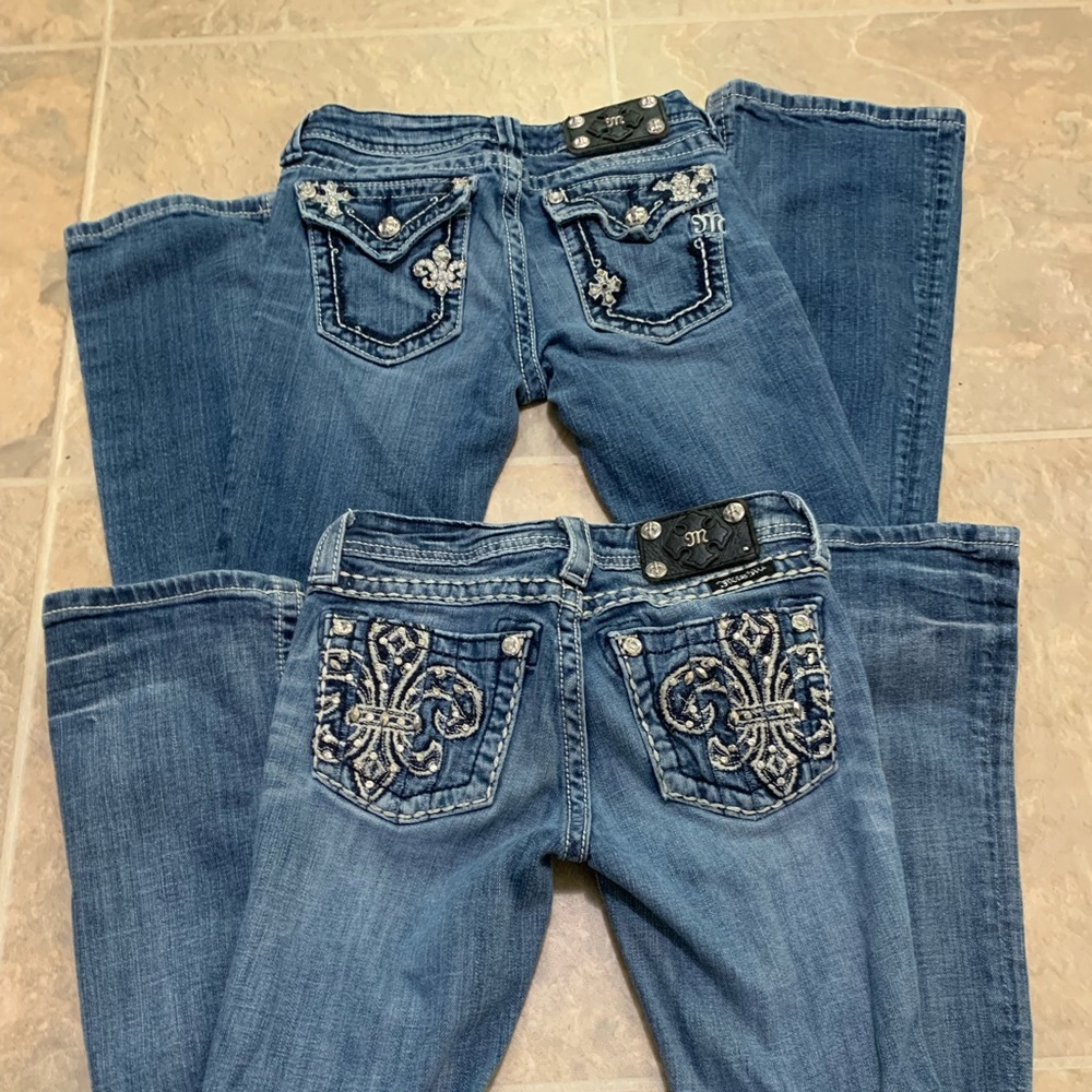 2 pairs Miss Me Jeans Boot Cut Girls Size 14 light wash denim rhinestones